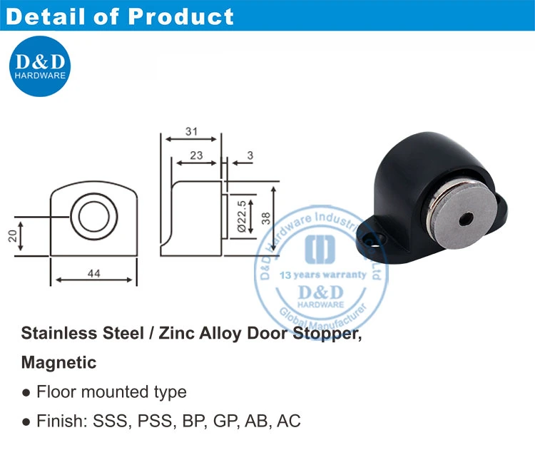 Fashionable Matt Black Zinc Alloy Small Door Stop with Magnetic Function